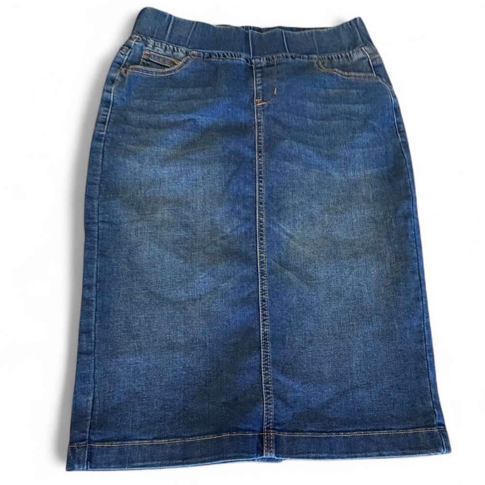 Small EUC Vintage Wash Elastic Waist Denim Skirt, Below Knee 26" Length